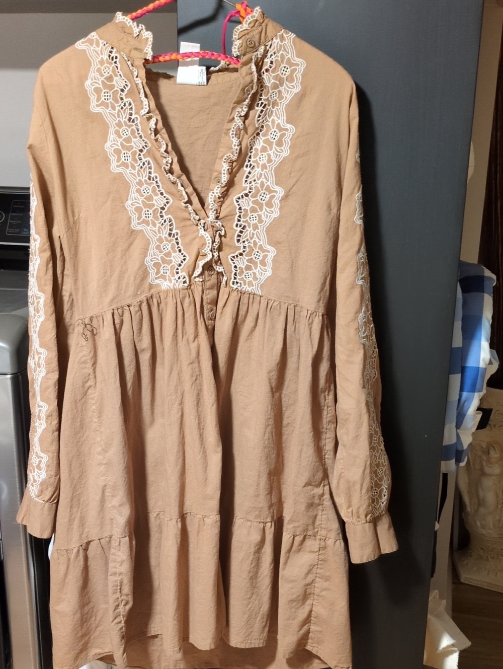 Women's Beige Embroidered Long-Sleeve V-Neck Tunic Dress